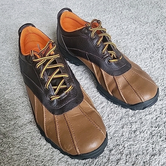 Ralph Lauren Polo Sport Duck Shoes Womens 8.5B Brown Leather Two Tone Low Top - Picture 1 of 14